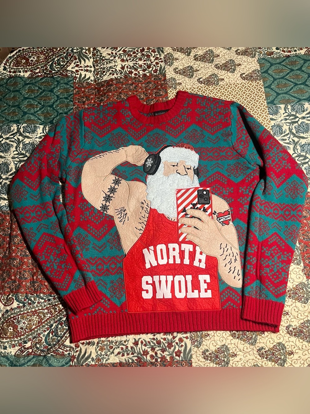 Men's Red & Teal 'North Swole' Crewneck Holiday Sweater